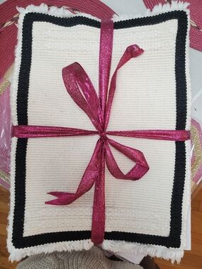 Cream and Black Trim Dining Placemats with Pink Ribbon Accent 6 Pieces